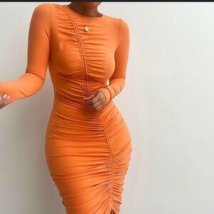JLUXLABEL Orange Ruched Midi Dress